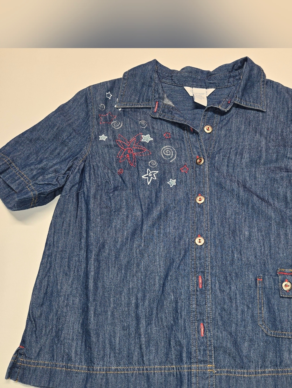 Denim Button-Up Shirt with Star & Floral Embroidery - Blue 90s Vintage M